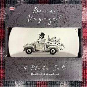 Eaton Fine Dining Halloween Bone Voyage! Skeleton 4 Plate Set with Real Gold NIB